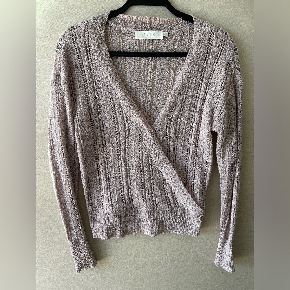 ASTR the Label- Wrap Front Pointelle Sweater in Lavender- Size XS